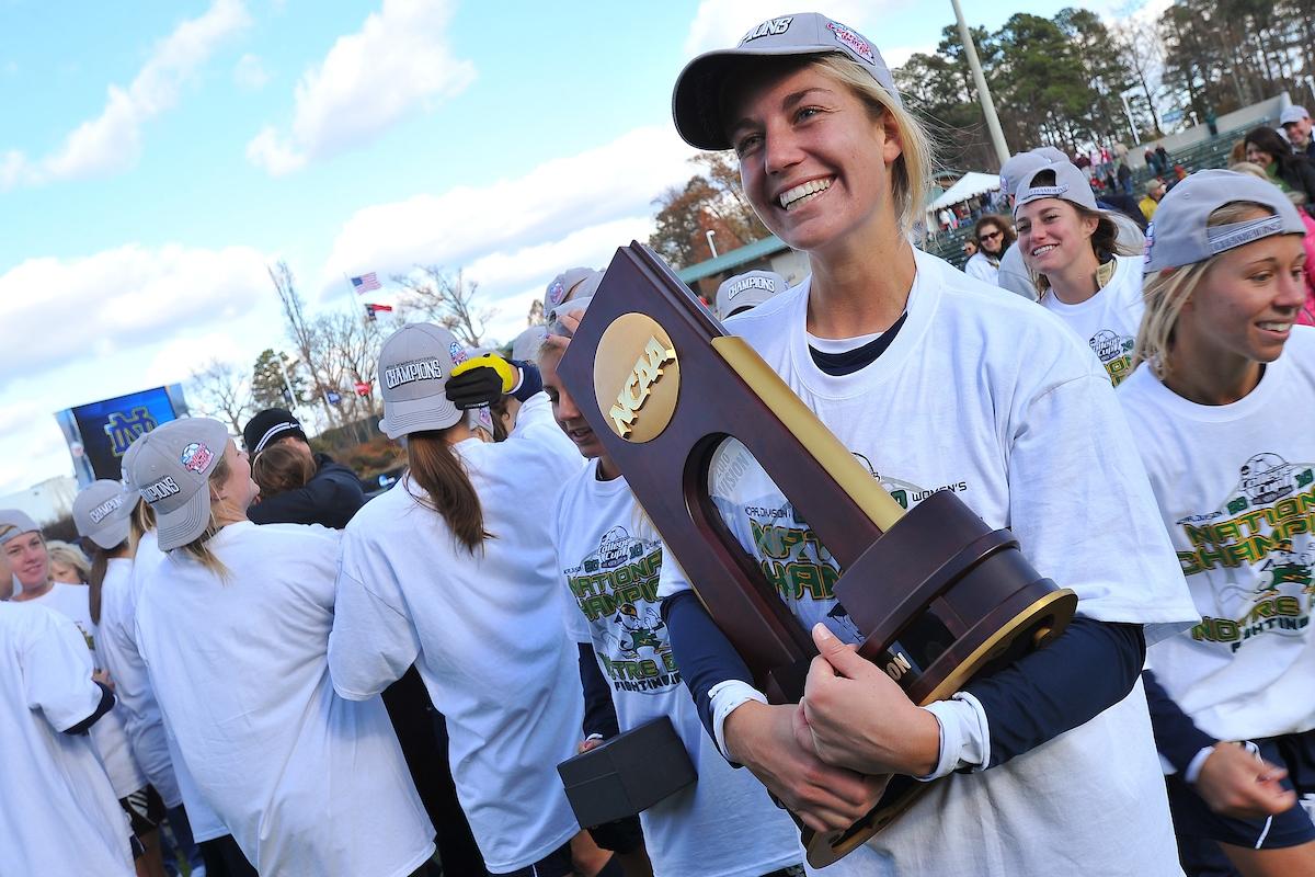 Notre Dame's Lauren Fowlkes holds the National Championship trophy following the team's 1-0 victory over Stanford in 2010.