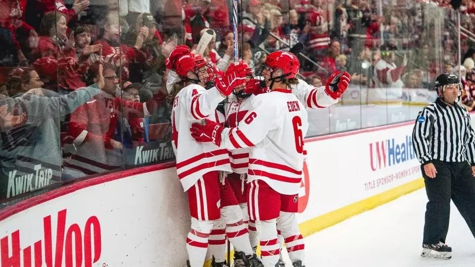 Wisconsin women's hockey celebrates a goal against No. 4 Minnesota Duluth